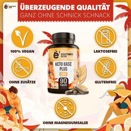 Keto Base Plus Day - Daily Keto Complex - 90 vegan capsules - with ginger, green tea extract, cayenne pepper, and caffeine - popular with athletes and fitness enthusiasts - vegan, gluten-free, and lactose-free