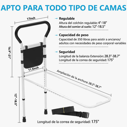 Zuanduo Bed Rail for Seniors for the Safety of Older Adults, Bed Support Bar with Motion Light and Storage Bag, Adjustable Support Feet, Bed Riser Aid, Standing Aid for Seniors