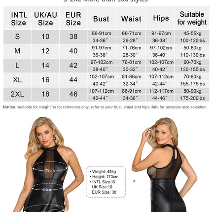 sunshinelady women's leather dress wetlook PU leather for plus size women mesh sleeveless lingerie bodycon clubwear sexy dress ladies halter neck babydoll mini dress curvy party dress elegant Valentine's Day 2XL black