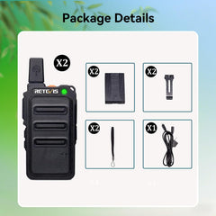 Retevis RT619 Walkie Talkie, PMR446 Rechargeable 2-Way Radio USB 1300mAh Battery, VOX License-Free, Mini Walkie Talkies Professional for Family, Camping (2 Pack, Black)