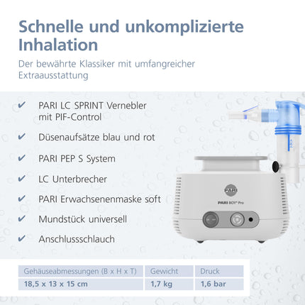PARI BOY Pro inhalation device for adults and children – Inhaler nebulizer with PIF control for the treatment of severe respiratory diseases – Short inhalation time with high lung deposition