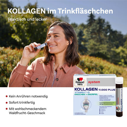 Doppelherz system KOLLAGEN 11,000 PLUS – With nutrients that contribute to the health of the musculoskeletal system and cell protection – 2 x 30 drinking bottles