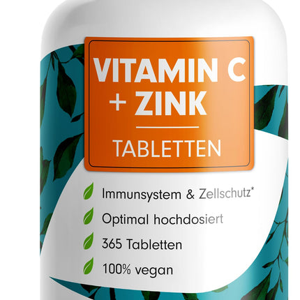 Vitamin C + Zinc (365 tablets) - optimally high dosage: 500 mg buffered vitamin C + 15 mg zinc from bioavailable zinc bisglycinate - immune system &amp; cell protection - laboratory-tested with certificate - 100% vegan