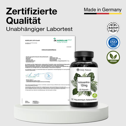Only Nature® Astaxanthin 12 mg - 60 high-dose capsules - Made in Germany &amp; laboratory-tested - Natural &amp; without additives