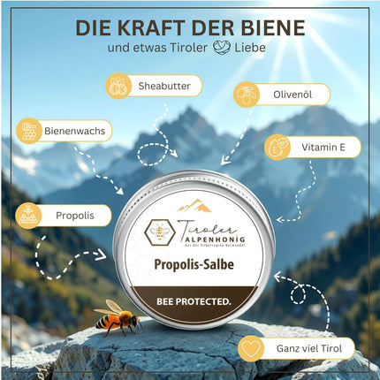 Propolis ointment with beeswax, olive oil, propolis tincture, and shea butter. Ointment (40g) made with Tyrolean Alpine honey in the Tyrolean mountains.