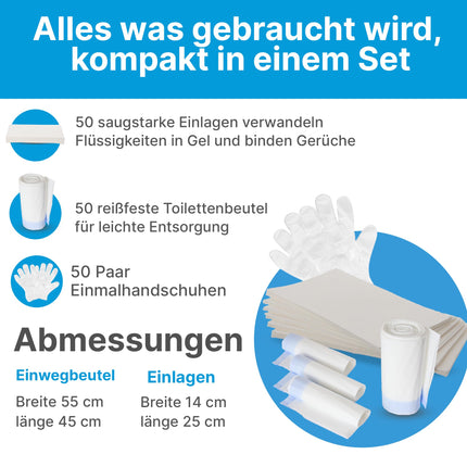 Wohlmed 50-piece set of leak-proof toilet bags and absorbent pads, including 50 pairs of gloves, tear-resistant and leak-proof, hygienic and odor-binding, ideal for bedpans, commodes, and camping
