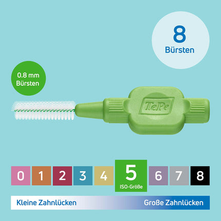 TePe Interdental Brush Original Green (ISO size 5: 0.8mm) / For easy and thorough cleaning of the spaces between teeth / 1 x 8 interdental brushes