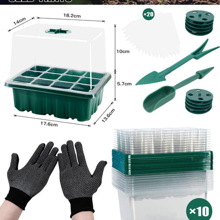 BITOYO Indoor Greenhouse Propagator, 10 Pack 120 Cell Mini Greenhouse Propagation Kit with Raised Lid and Ventilation, Seedling Starter Trays with Plant Labels, for Seedling Plant, Green