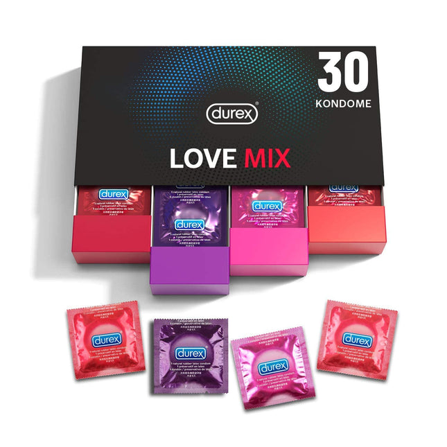 Durex Love Mix Condom Mix – Perfect Fit &amp; Pleasant Scent – ​​With 4 Different Condom Types, Stylish Storage Box – 30 Pack (1 x 30 Pieces)