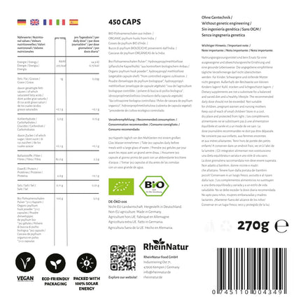RheinNatur Organic Psyllium Husk Capsules - 450 high-dose capsules (3,000 mg per serving) - Made in Germany - Psyllium Husk Fiber - Psyllium Capsules - Supports Digestion