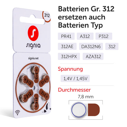 Siemens-Signia hearing aid batteries type 312 brown, batteries for hearing aids, 60-pack, Made in Germany, including FREE cleaning cloth, Wireless Approved, mercury-free