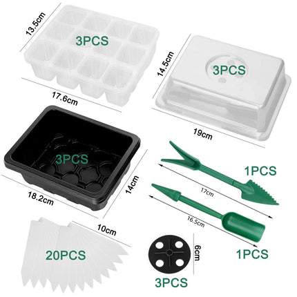 Indoor greenhouse cultivation box, 3 pieces 36 cells, mini greenhouse cultivation set, cultivation tray with cover, greenhouse plastic cultivation trays, with 2 small garden tools + 20 plant labels