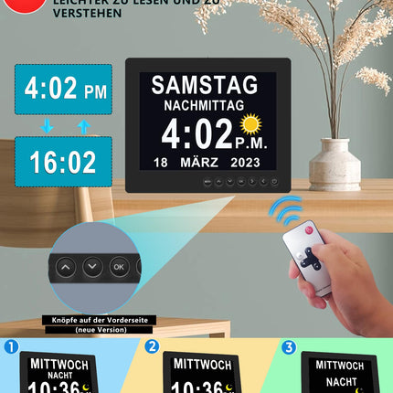 Véfaîî 2025 New, 19 Alarms Electronic Day Date Calendar Clock, Non-Abbreviated Day Date Large Clock for Seniors with Dementia Alzheimer's - with Remote Control - 8 Inch with Remote Control