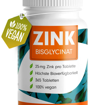 Zinc 25mg - 365 tablets (vegan) with zinc bisglycinate (zinc chelate) for maximum bioavailability - laboratory-tested with certificate - optimally high dosage - 1 year's supply - ProFuel