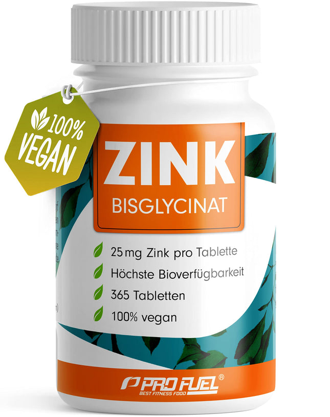Zinc 25mg - 365 tablets (vegan) with zinc bisglycinate (zinc chelate) for maximum bioavailability - laboratory-tested with certificate - optimally high dosage - 1 year's supply - ProFuel
