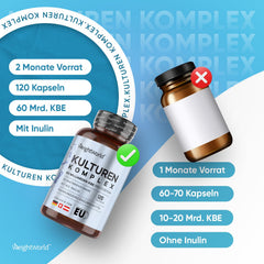 Culture Complex with 60 billion CFU - 20 bacterial strains and organic inulin - 120 vegan capsules - Bacterial cultures with Bifidobacterium, Lactobacillus Gasseri &amp; Reuteri - 2-month supply WeightWorld