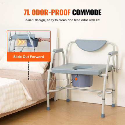 VEVOR Commode Chair Bedside Commode with Fold-Down Arms and Removable Backrest, 5-Level Height Adjustable 50-62 cm, Removable 7-Liter Bucket, Easy to Assemble, 453.6 kg Capacity
