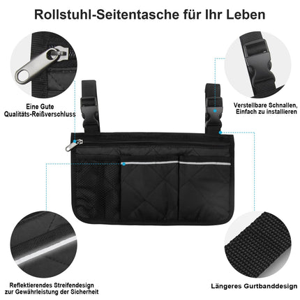 Wheelchair storage bag armrest pocket with cup holder and reflective strip, for most wheelchairs, walking frames or rollators (black)