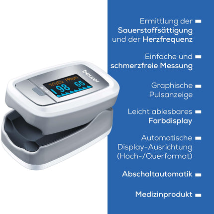 Beurer PO 30 pulse oximeter, measures oxygen saturation (SpO₂) and heart rate (pulse), finger oximeter with color display, painless application on the finger, 6.1 x 3.6 x 3.2 cm, white