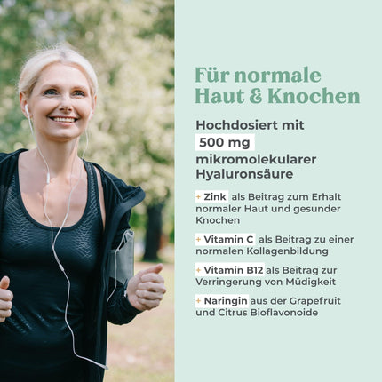 Hyaluronic acid capsules with a high dosage of 500 mg per capsule - 90 vegan hyaluronic capsules in a 3-month supply - 500-700 kDa I Enriched with zinc to contribute to the maintenance of normal skin and bones.