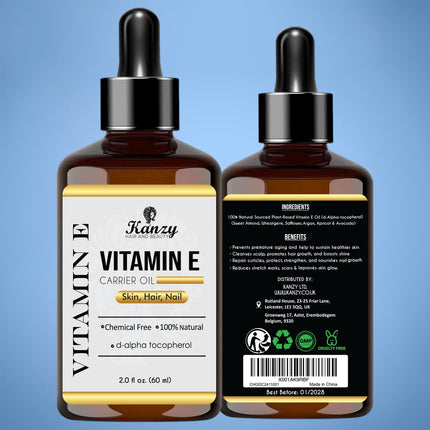 Kanzy Vitamin E Oil Organic Drops for Cosmetics 60ml 100% Natural d-Alpha-tocopherol, Anti-Wrinkle, Anti-Aging, Pure Vitamin E Oil Against all types of wrinkles, face, nails and hair