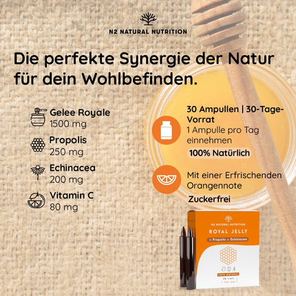 Pure Royal Jelly with Propolis, Vitamin C, and Echinacea. 30 ampoules, 2000 mg. Reduces fatigue and other symptoms, increases energy and vitality, and strengthens metabolism. N2 Natural Nutrition