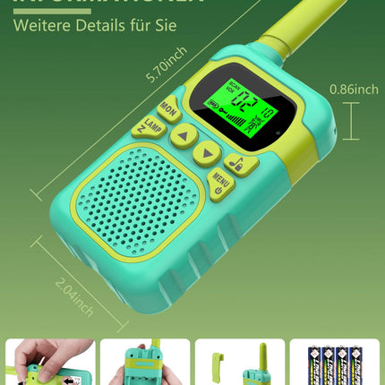 Walkie Talkie for Kids - Maximum range of 3 km. Christmas and birthday gifts for boys and girls aged 3, 4, 5, 6, 7, 8. Family games for indoors and outdoors. (Green)