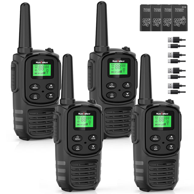 MaxTalker MT10 Walkie Talkie Rechargeable for Adults and Children, 1200mAh Li-Ion Battery, USB-C Cable, LED Flashlight, VOX Radios for Hiking and Camping, Set of 4