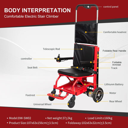 UZOURI Folding Heavy-Duty Electric Stair Climber with Cushion/Backrest, 24V Battery/LCD Display/13'' Large Rear Wheel/Load 363lb