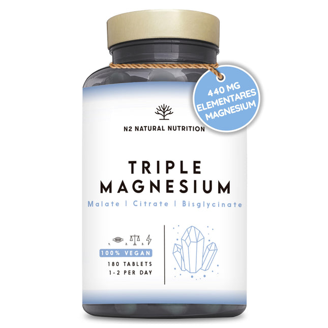 High-dose magnesium complex, 440 mg elemental magnesium per daily dose. Triple magnesium with: magnesium citrate 1440 mg, magnesium bisglycinate 600 mg, magnesium malate 600 mg. 180 tablets. 3-month supply. N2