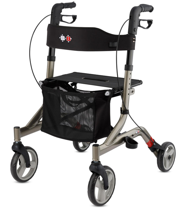 Bischoff &amp; Bischoff Capero Rollator, foldable – Lightweight rollator for indoor and outdoor use, walker with back strap, cane holder and removable mesh bag, platinum