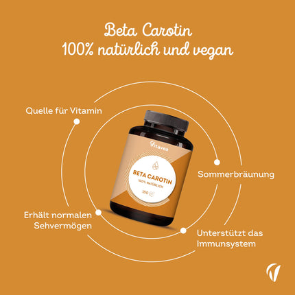 Beta Carotene Capsules High Dose &amp; Vegan – Precursor to Vitamin A – Radiant &amp; Long-Lasting Tan – Carotene Capsules High Dose Tan – 100% Natural – No Additives – 180 Capsules – Vitavea