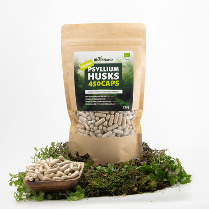 RheinNatur Organic Psyllium Husk Capsules - 450 high-dose capsules (3,000 mg per serving) - Made in Germany - Psyllium Husk Fiber - Psyllium Capsules - Supports Digestion