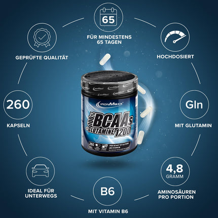 IronMaxx BCAAs + Glutamine - 1200 (260 Tricaps) | BCAA capsules, sugar-free and preservative-free | High-dose amino acid capsules including all BCAAs and L-glutamine