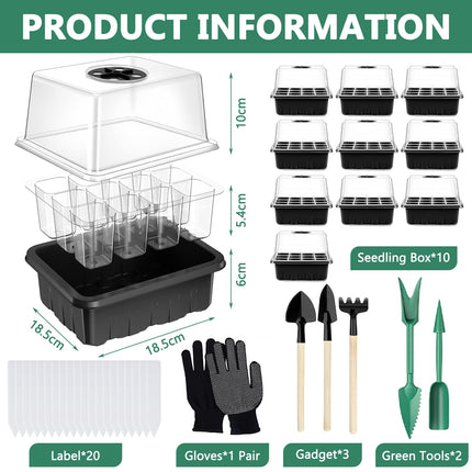ZHHGOO Indoor Greenhouse Propagator, Mini Greenhouse Propagation Tray with High Lid, 10 Pieces 120 Cells Mini Greenhouse Propagation Set with 20 Labels, 3 Shovels, 2 Gardening Tools, 1 Pair of Gloves