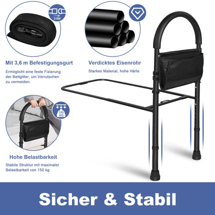 UISEBRT Bed Riser Aid Bed Rail for Older Adults Height Adjustable with Storage Pocket Fall Protection Seniors Bed Entry Aid Grab Bar for Bed up to 150kg Load Capacity