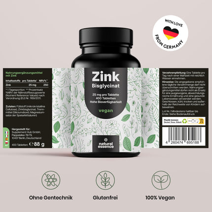 Zinc tablets high-dose 25mg - 400 tablets high-dose with zinc bisglycinate - Vegan and produced in Germany - Laboratory-tested