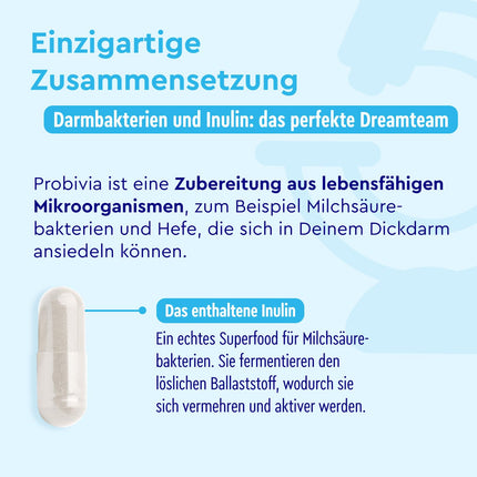 Probivia® Culture Complex with 500 billion CFU/g* - 22 bacterial strains + inulin - 180 gastro-resistant capsules - including Lactobacillus, Bifidobacterium -*this corresponds to 10 billion CFU per daily dose