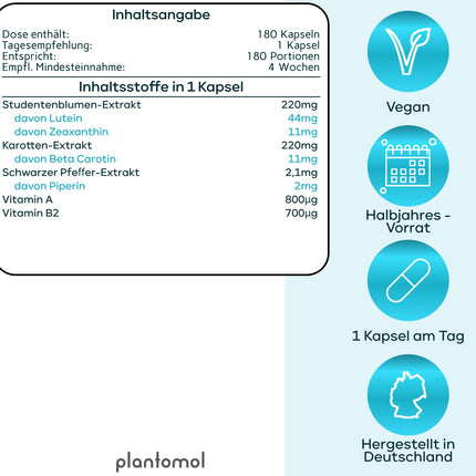 Lutein Zeaxanthin Capsules - High-dose eye vitamins with 44mg Lutein + 11mg Zeaxanthin + 11mg Beta Carotene - 6-month supply of eye capsules - Vision