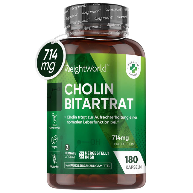 Choline Capsules - 714mg per serving - Liver Function, Homocysteine ​​&amp; Lipid Metabolism (EFSA) - 180 vegan capsules for a 3-month supply - Choline Bitartrate by WeightWorld