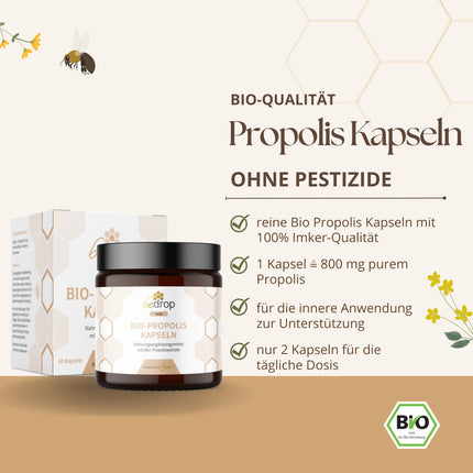 bedrop Organic Propolis Capsules 800mg per capsule, high dosage - 60 Propolis extract capsules from organic beekeeping - Rich in polyphenols &amp; flavonoids - In sustainable glass packaging