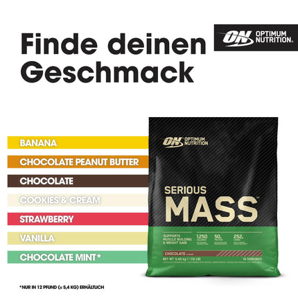 Optimum Nutrition Serious Mass high-calorie protein powder for mass building with 25 vitamins and minerals, creatine monohydrate and glutamine, chocolate flavor, 16 servings, 5.45 kg