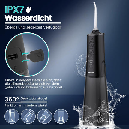 Oral Irrigator Cordless Electric Tooth Cleaner, Vimmk Dental Irrigator Water Flosser 5 Modes &amp; 8 Nozzles USB-C Rechargeable Water Flosser IPX7 Waterproof, 300ML Water Tank Mouth Cleaner (Black)