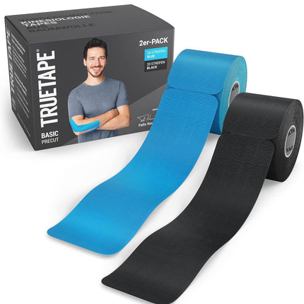 TRUETAPE® Kinesiotape – BASIC Precut – 2 x 20 strips (25 cm x 5 cm) – Pre-cut kinesiology tapes – Waterproof &amp; elastic physio tape for everyday use &amp; sports – Blue &amp; Black