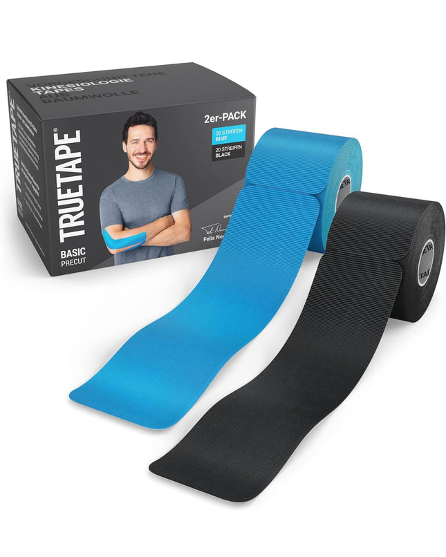 TRUETAPE® Kinesiotape – BASIC Precut – 2 x 20 strips (25 cm x 5 cm) – Pre-cut kinesiology tapes – Waterproof &amp; elastic physio tape for everyday use &amp; sports – Blue &amp; Black