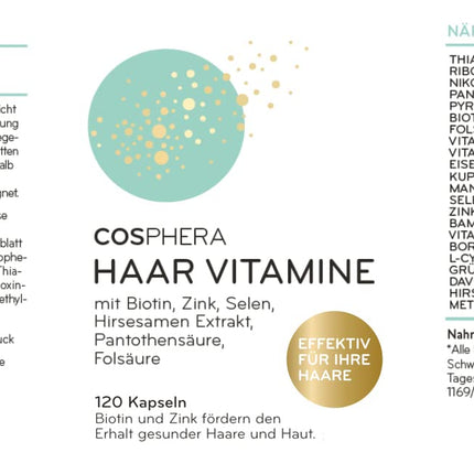 Cosphera Hair Vitamins - Highly concentrated with biotin, selenium, and zinc to help maintain normal hair. Plus folic acid and millet seed extract (rich in silicon) - 120 vegan capsules in a 2-month supply.