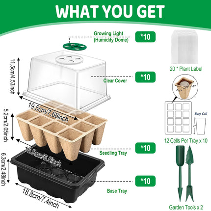 YeahBoom 10 Pack Indoor Greenhouse Propagator, 120 Hole Mini Greenhouse Propagator for Growing, Degradable Grow Pots, with 20 Plant Labels and 2 Gardening Tools, for Growing Seedlings
