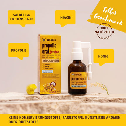 Medex Propolis Oral Junior, propolis spray, mouth and throat spray, water-based, alcohol-free; with added honey, sage, niacin, and spruce tips, with applicator, for children 3 years and older, 30 ml