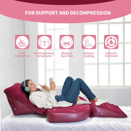 Nevife Inflatable 3-Piece Bed Wedge Pillow Set BBL with Hole Reading Pillow and Back Support, Leg Pain Relief, Adjustable Pillows for Acid Reflux, GERD, Sleeping, Leg and Back Support (Red)