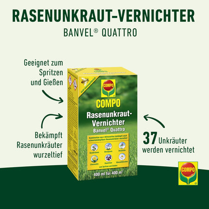 COMPO Lawn Weed Killer Banvel Quattro, Control of difficult-to-control weeds in lawns, concentrate, 400 ml (400 m²)